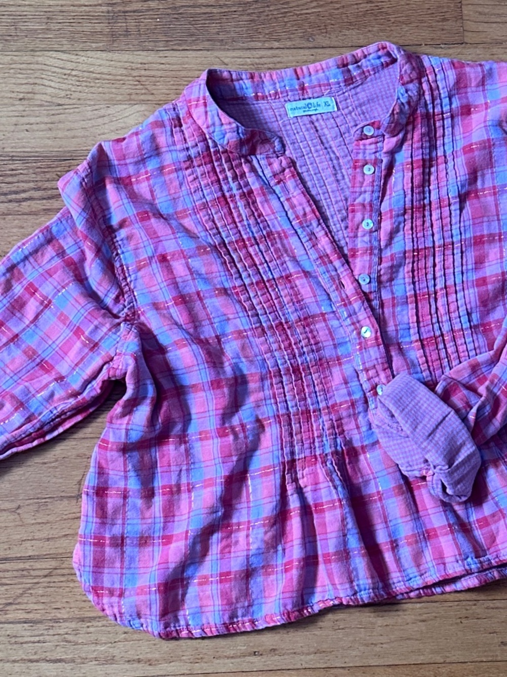 Natural Life Pink Purple Plaid Gauze Babydoll Blouse Cotton